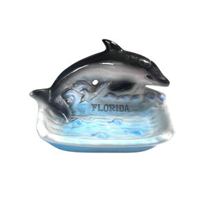 Vintage Florida Dolphin Ceramic Ashtray Trinket Dish Ocean Wave Blue Gray 5x4.5